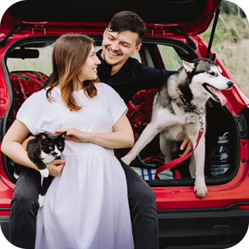 Couple with their pets stand behind their parked car enjoying family time